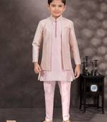 Pink banarasi silk indo western with silk dupion pajama for kids