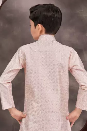 Pink banarasi silk indo western with silk dupion pajama for kids