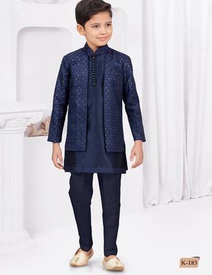 Blue champion silk & banarasi silk indo western with silk dupion pajama for kids 1