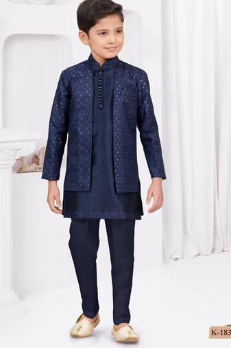Blue champion silk & banarasi silk indo western with silk dupion pajama for kids
