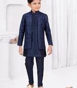 Blue champion silk & banarasi silk indo western with silk dupion pajama for kids