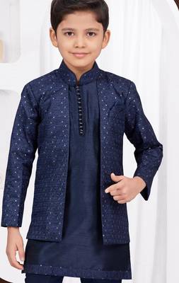 Blue champion silk & banarasi silk indo western with silk dupion pajama for kids 2