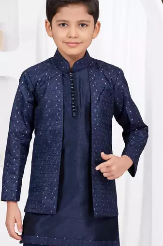 Blue champion silk & banarasi silk indo western with silk dupion pajama for kids