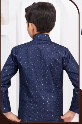 Blue champion silk & banarasi silk indo western with silk dupion pajama for kids 3