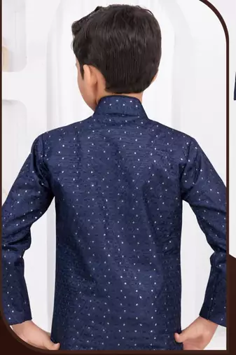 Blue champion silk & banarasi silk indo western with silk dupion pajama for kids