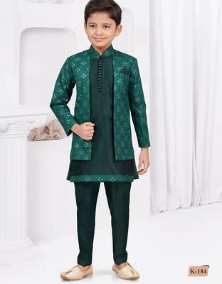 Green champion silk & banarasi silk indo western with silk dupion pajama for kids 1