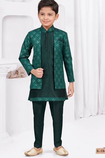 Green champion silk & banarasi silk indo western with silk dupion pajama for kids