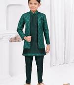 Green champion silk & banarasi silk indo western with silk dupion pajama for kids