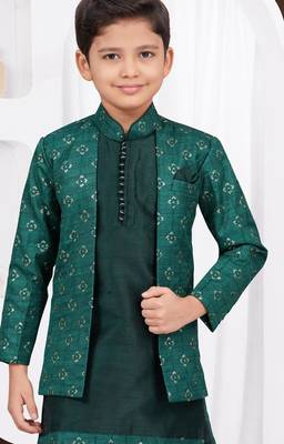 Green champion silk & banarasi silk indo western with silk dupion pajama for kids 2