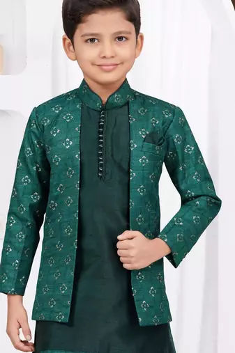Green champion silk & banarasi silk indo western with silk dupion pajama for kids
