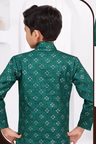Green champion silk & banarasi silk indo western with silk dupion pajama for kids