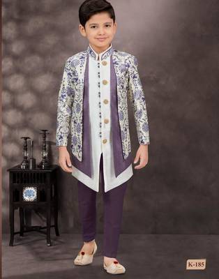 White jackard & banarasi silk indo western with silk dupion pajama for kids 1