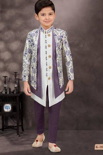 White jackard & banarasi silk indo western with silk dupion pajama for kids