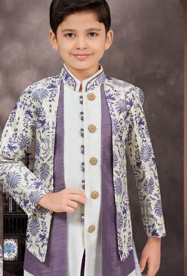 White jackard & banarasi silk indo western with silk dupion pajama for kids 2
