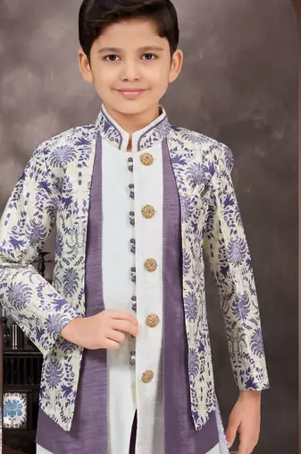White jackard & banarasi silk indo western with silk dupion pajama for kids