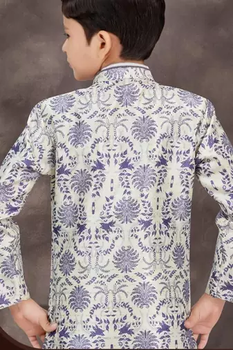 White jackard & banarasi silk indo western with silk dupion pajama for kids