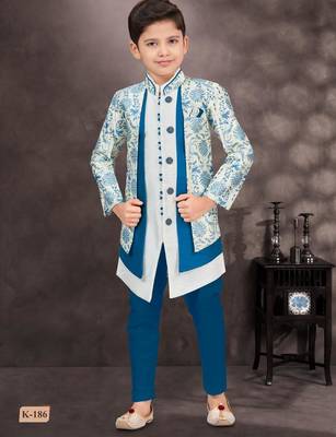 Blue jackard & banarasi silk indo western with silk dupion pajama for kids 1