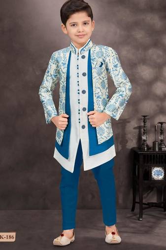 Blue jackard & banarasi silk indo western with silk dupion pajama for kids