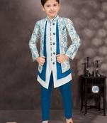 Blue jackard & banarasi silk indo western with silk dupion pajama for kids