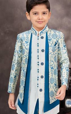 Blue jackard & banarasi silk indo western with silk dupion pajama for kids 2