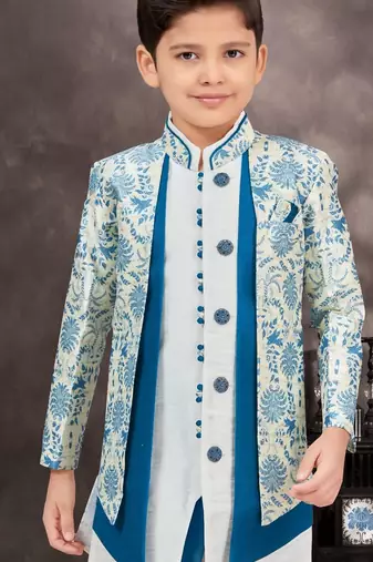 Blue jackard & banarasi silk indo western with silk dupion pajama for kids