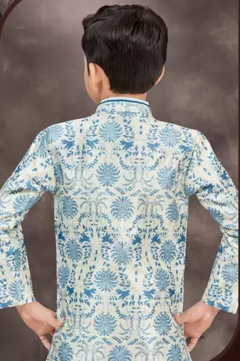 Blue jackard & banarasi silk indo western with silk dupion pajama for kids