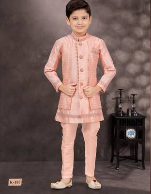 Pink banarasi silk indo western with silk dupion pajama for kids 1