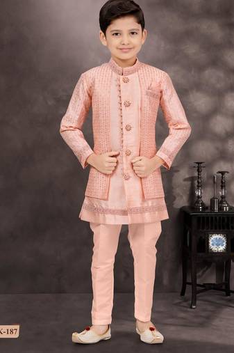 Pink banarasi silk indo western with silk dupion pajama for kids