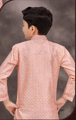 Pink banarasi silk indo western with silk dupion pajama for kids 2