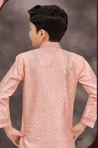 Pink banarasi silk indo western with silk dupion pajama for kids