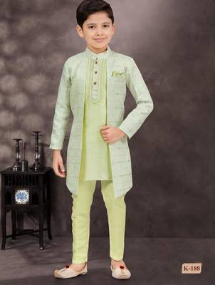 Green jackard & banarasi silk indo western with silk dupion pajama for kids 1