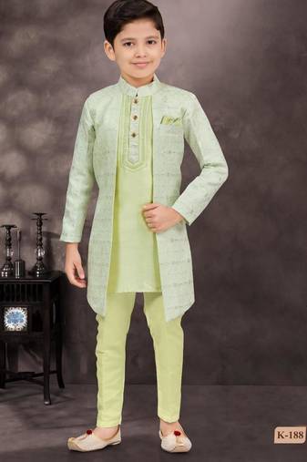 Green jackard & banarasi silk indo western with silk dupion pajama for kids