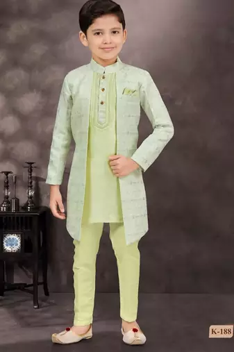 Green jackard & banarasi silk indo western with silk dupion pajama for kids