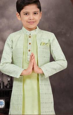 Green jackard & banarasi silk indo western with silk dupion pajama for kids 2