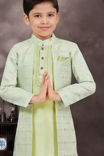 Green jackard & banarasi silk indo western with silk dupion pajama for kids