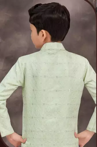 Green jackard & banarasi silk indo western with silk dupion pajama for kids