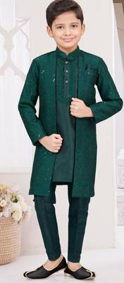 Green banarasi silk indo western with silk dupion pajama for kids 1