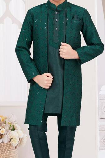 Green banarasi silk indo western with silk dupion pajama for kids