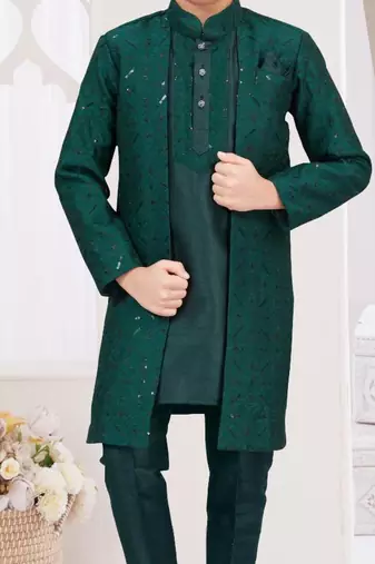 Green banarasi silk indo western with silk dupion pajama for kids