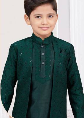 Green banarasi silk indo western with silk dupion pajama for kids 2