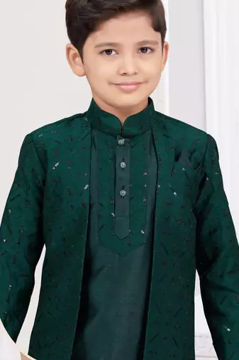 Green banarasi silk indo western with silk dupion pajama for kids