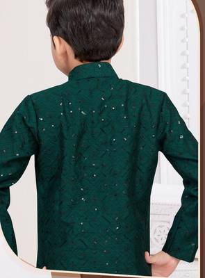 Green banarasi silk indo western with silk dupion pajama for kids 3