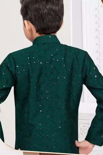 Green banarasi silk indo western with silk dupion pajama for kids