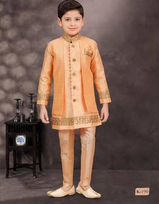 Orange banarasi silk indo western with silk dupion pajama for kids 1