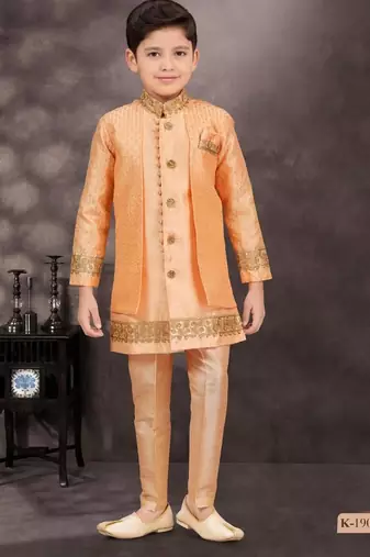 Orange banarasi silk indo western with silk dupion pajama for kids