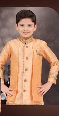 Orange banarasi silk indo western with silk dupion pajama for kids 2