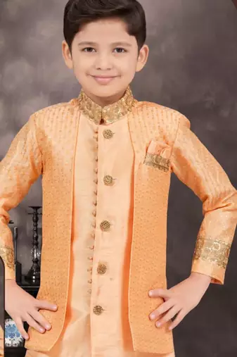 Orange banarasi silk indo western with silk dupion pajama for kids