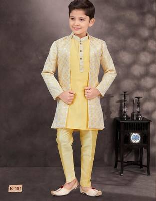 Yellow kasak zari jackard & banarasi silk indo western with silk dupion pajama for kids 1