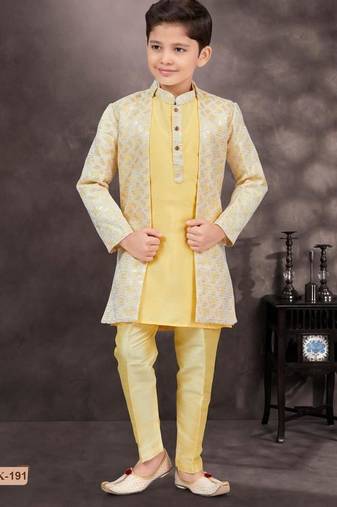 Yellow kasak zari jackard & banarasi silk indo western with silk dupion pajama for kids
