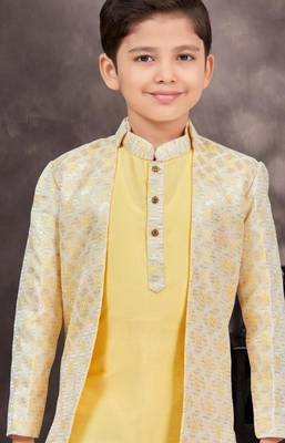 Yellow kasak zari jackard & banarasi silk indo western with silk dupion pajama for kids 2